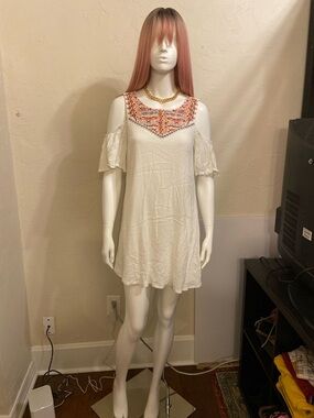 Lily Rose Cream Cold-Shoulder Dress with Multicolor Embroidered Yoke